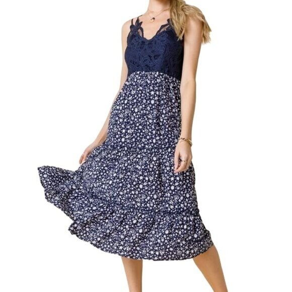 Row A | Anne Lace Floral Midi Dress, Navy - Size Medium, Style: 26AZ64JVDI - Picture 1 of 10